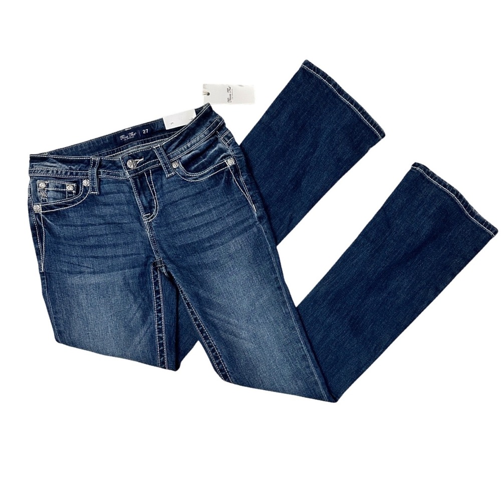 Miss Me Women's Med Wash Mid Rise Wing Pocket 27 in Bootcut Stretch Denim Jeans